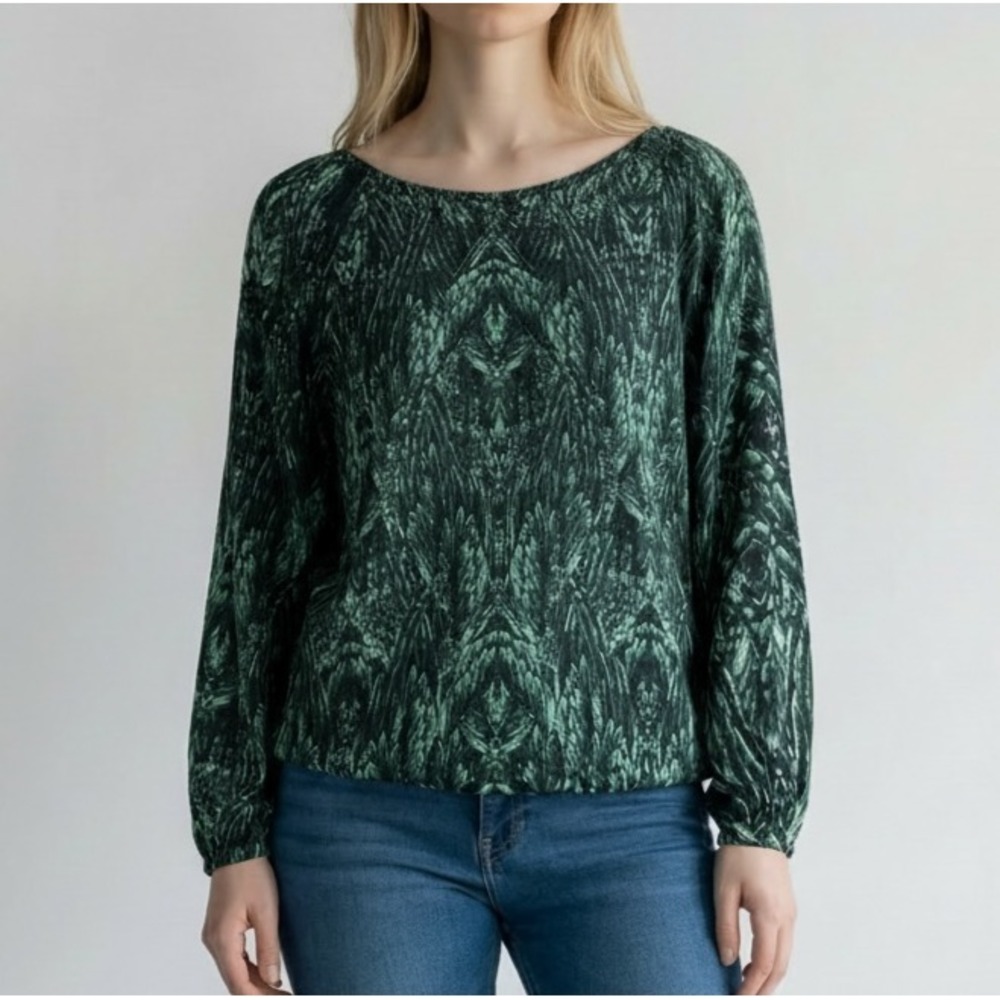 Haute Hippie Blouse Small Green Feather‎ Print Silk Button Back Boho Top Flowy